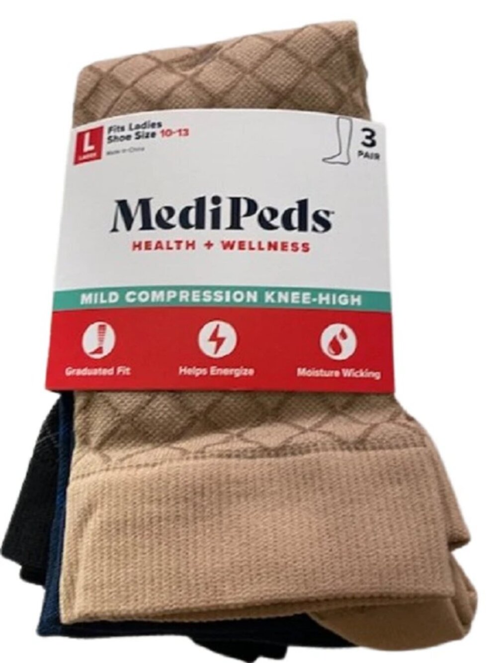 MediPeds 3 Pair Women's Mild Compression Fancy Knee High Socks, Shoe Size 10-13